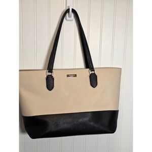 Kate Spade New York Saffiano Leather Tote Bag Cream Black Two Tone Shoulder Bag